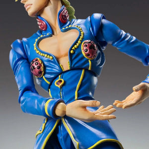 A close-up of the Giorno Giovanna Second figure, showing the detailed sculpt of his face, blonde hair, and his unzipped blue jacket.