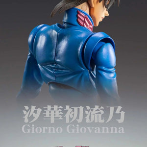 A close-up of the Giorno Giovanna Second figure from the back, showing the brown-haired (Haruno Shiobana) head and the "Super Action Statue" logo.