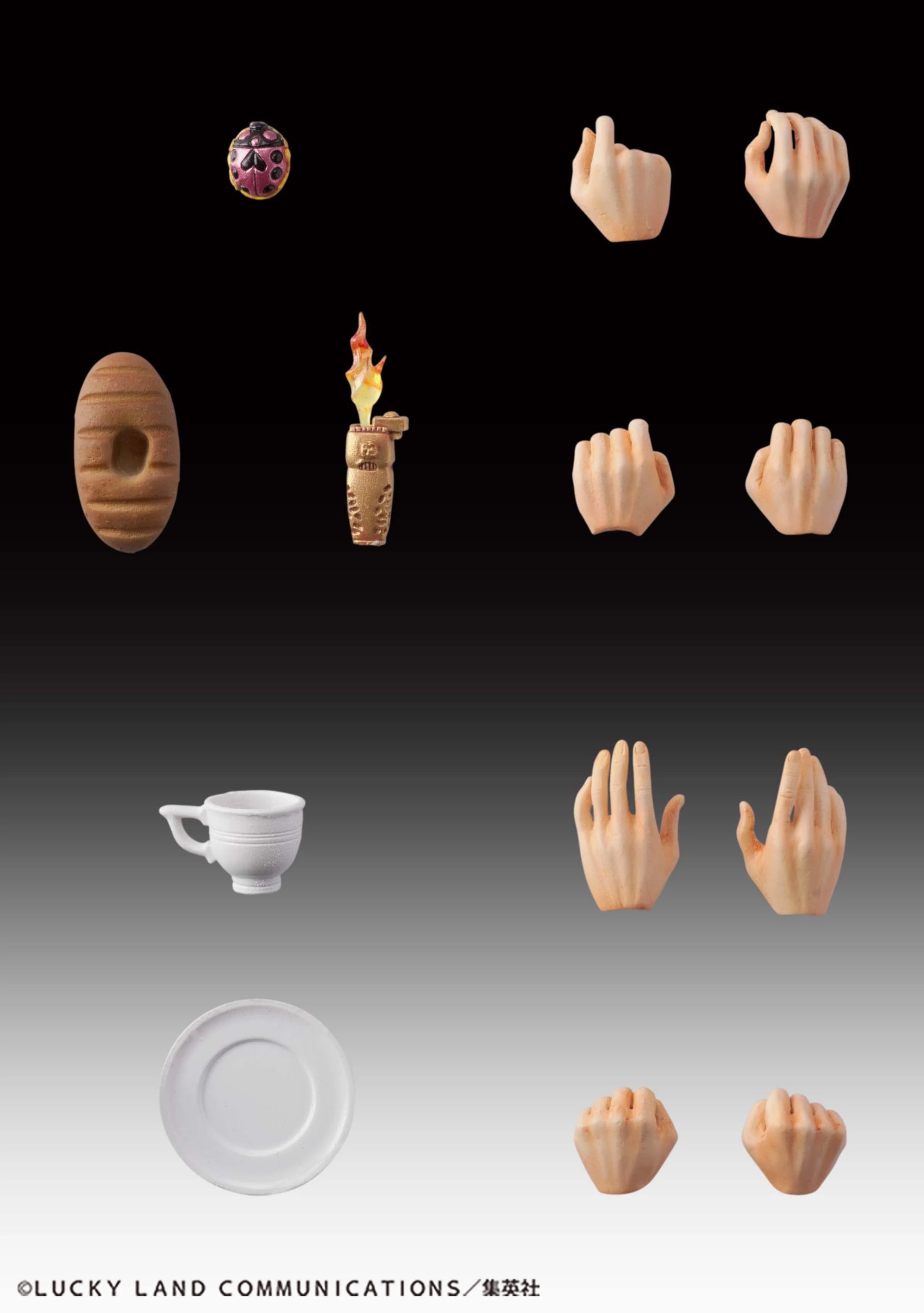A display of all the interchangeable accessories for the Giorno Giovanna Second figure, including the ladybug stone, bread, lighter, teacup/saucer, and multiple hand options.