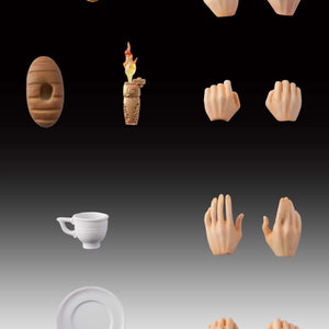 A display of all the interchangeable accessories for the Giorno Giovanna Second figure, including the ladybug stone, bread, lighter, teacup/saucer, and multiple hand options.