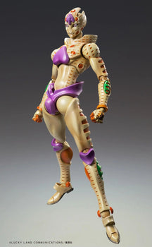 Full frontal view of the Medicos Super Action Statue Gold Experience Requiem (G.E.R.) figure, showcasing its distinct tan and purple armor design.