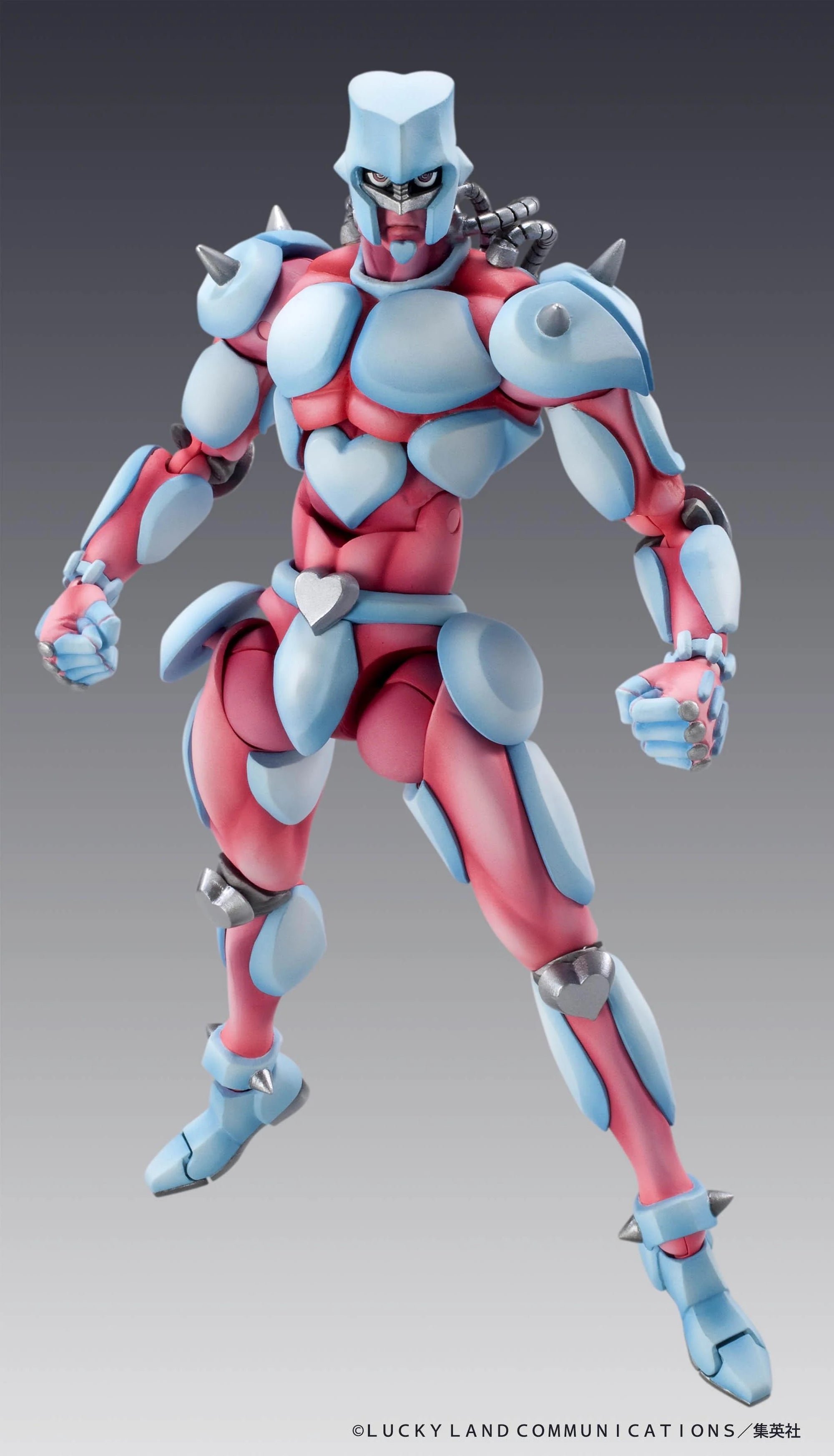 Full frontal view of the Medicos Super Action Statue Crazy Diamond figure, showcasing its muscular pink and blue armor with heart motifs.