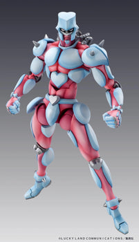 Full frontal view of the Medicos Super Action Statue Crazy Diamond figure, showcasing its muscular pink and blue armor with heart motifs.