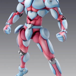 Full frontal view of the Medicos Super Action Statue Crazy Diamond figure, showcasing its muscular pink and blue armor with heart motifs.