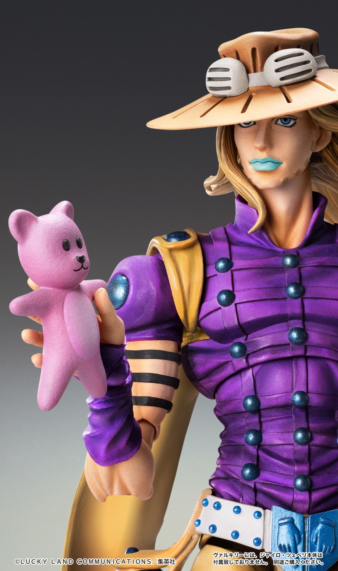 Close-up of Gyro Zeppeli figure using Valkyrie included interchangeable hand parts to hold the pink teddy bear accessory.