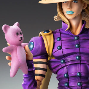 Close-up of Gyro Zeppeli figure using Valkyrie included interchangeable hand parts to hold the pink teddy bear accessory.