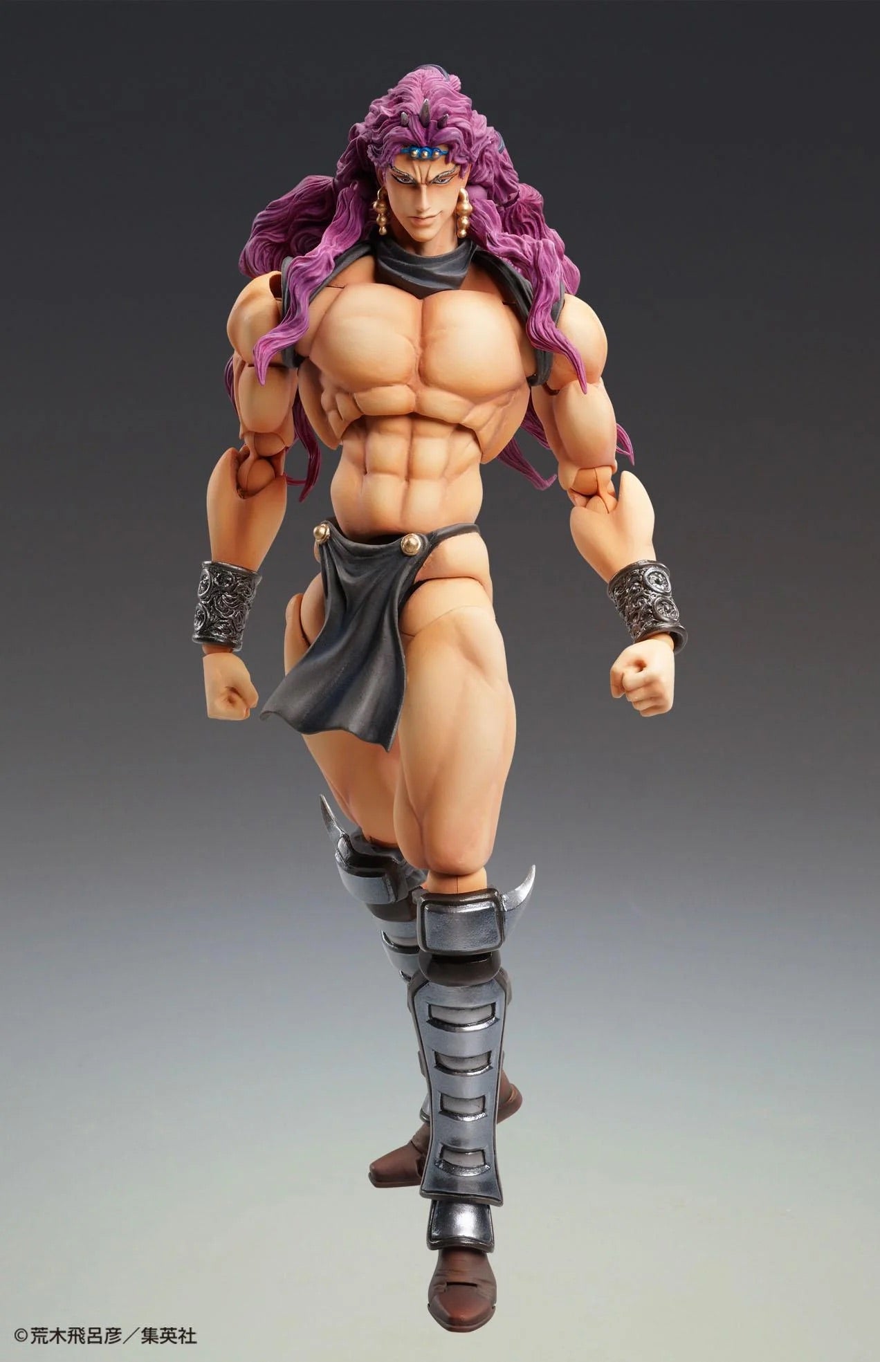 Full body front view of the Medicos Super Action Statue Kars figure, showing his purple hair, muscular body, and armor.