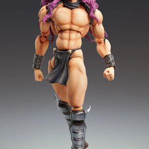Full body front view of the Medicos Super Action Statue Kars figure, showing his purple hair, muscular body, and armor.