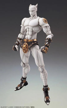 Full frontal view of the Medicos Super Action Statue Killer Queen figure, showcasing its white, stylized body and gold-accented armor and belt.