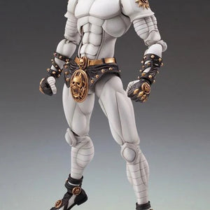 Full frontal view of the Medicos Super Action Statue Killer Queen figure, showcasing its white, stylized body and gold-accented armor and belt.