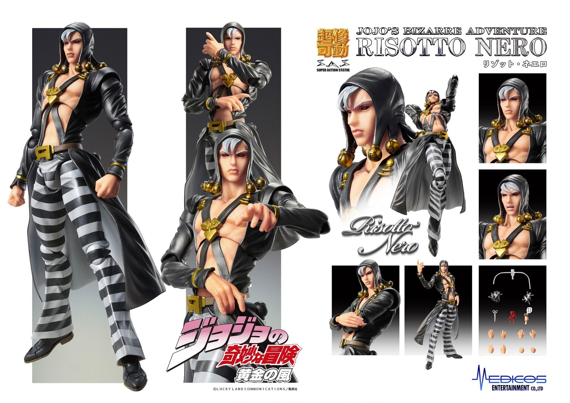 Promotional collage sheet for Medicos JoJo's Bizarre Adventure Risotto Nero Super Action Statue showcasing various poses, face plates, and Metallica stand accessories.