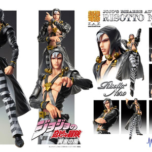 Promotional collage sheet for Medicos JoJo's Bizarre Adventure Risotto Nero Super Action Statue showcasing various poses, face plates, and Metallica stand accessories.