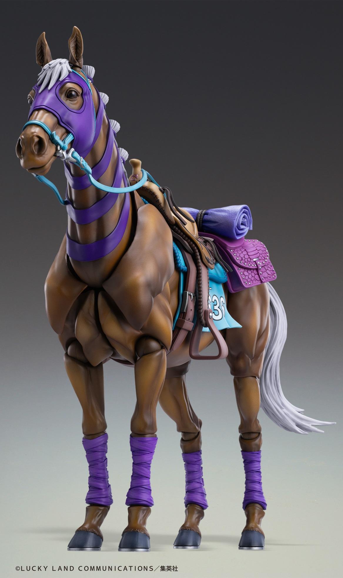 Medicos JoJo's Bizarre Adventure Steel Ball Run Valkyrie Super Action Statue horse figure in three-quarter standing stance with purple tack.