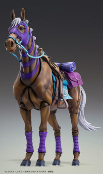 Medicos JoJo's Bizarre Adventure Steel Ball Run Valkyrie Super Action Statue horse figure in three-quarter standing stance with purple tack.