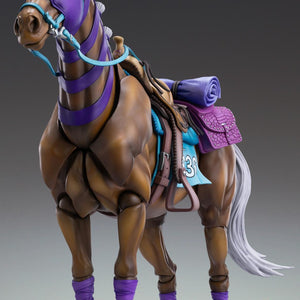 Medicos JoJo's Bizarre Adventure Steel Ball Run Valkyrie Super Action Statue horse figure in three-quarter standing stance with purple tack.