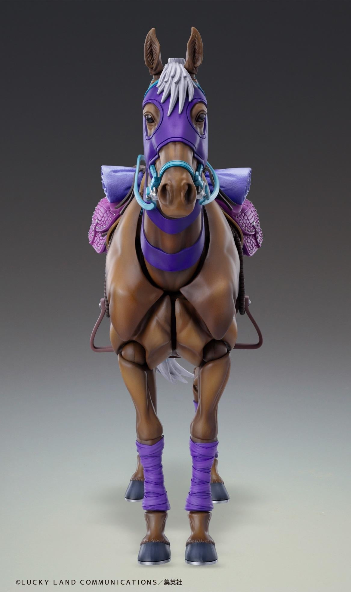 Front view of Medicos Valkyrie horse action figure showing muscular chest sculpt, purple hood mask, and cyan bridle.