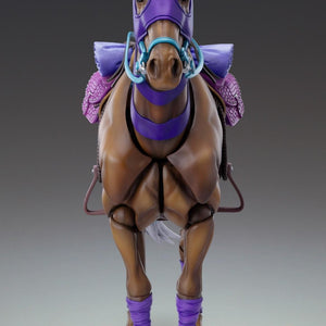 Front view of Medicos Valkyrie horse action figure showing muscular chest sculpt, purple hood mask, and cyan bridle.