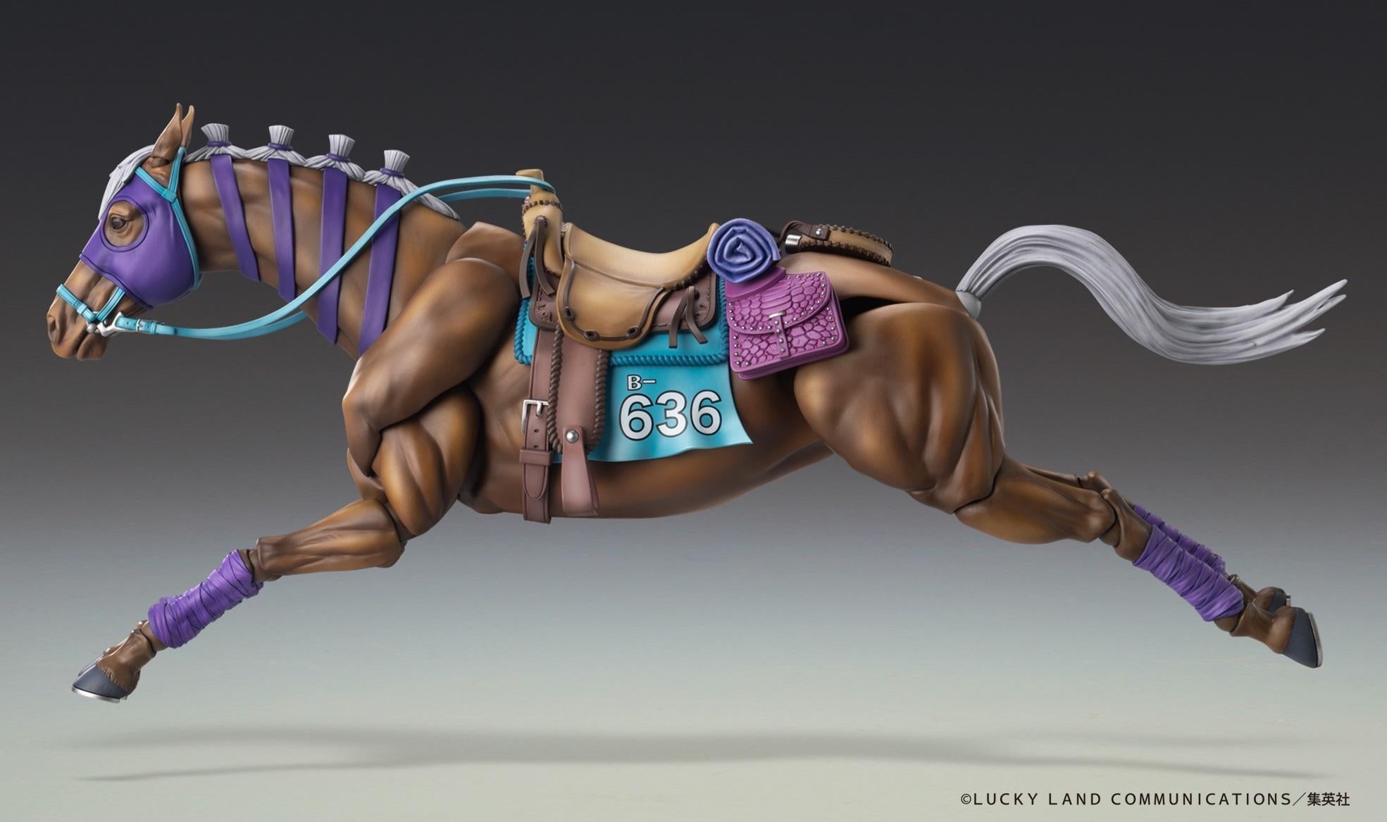 Dynamic full gallop leaping action pose showing the extended articulation and joint range of the Valkyrie horse figure.