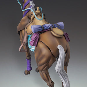 Rear back perspective of Valkyrie horse figure showing detailed leather saddle, bedroll, purple saddlebags, and flowing white tail.