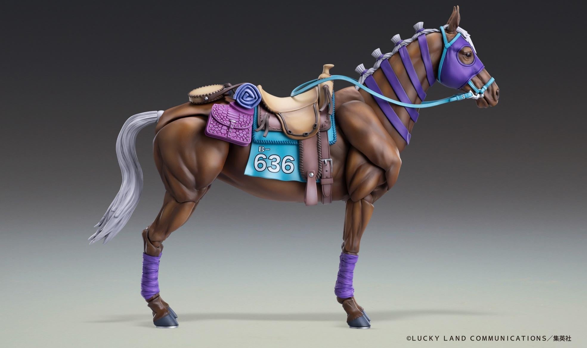 Right side full-body profile view of Valkyrie action figure standing with saddle, reins, and purple leg wraps.
