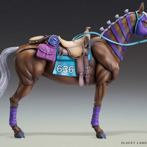 Right side full-body profile view of Valkyrie action figure standing with saddle, reins, and purple leg wraps.