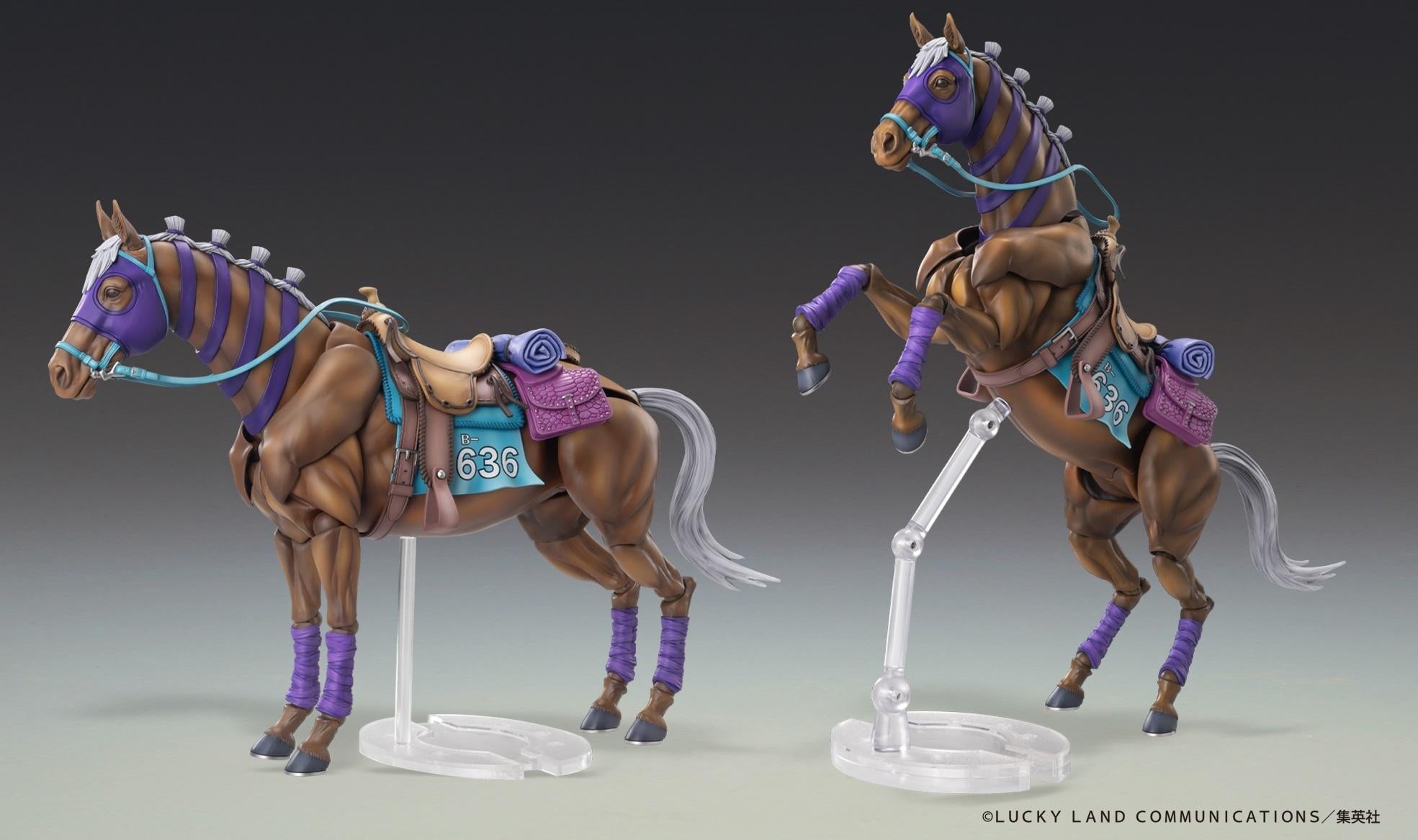 Display comparison of Valkyrie horse on clear base stand in neutral standing pose versus dynamic rearing pose.
