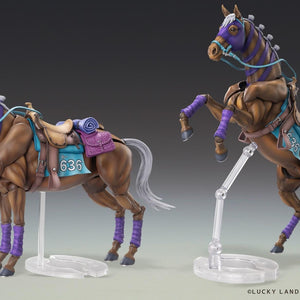 Display comparison of Valkyrie horse on clear base stand in neutral standing pose versus dynamic rearing pose.