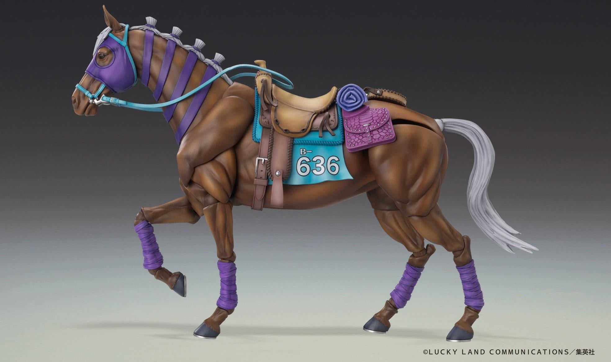 Side view of articulated Valkyrie horse figure posed in a natural walking trot with front hoof raised.