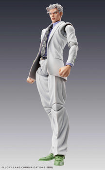 Full side profile of the Medicos Super Action Statue Yoshikage Kira figure, standing in his white suit and green shoes.
