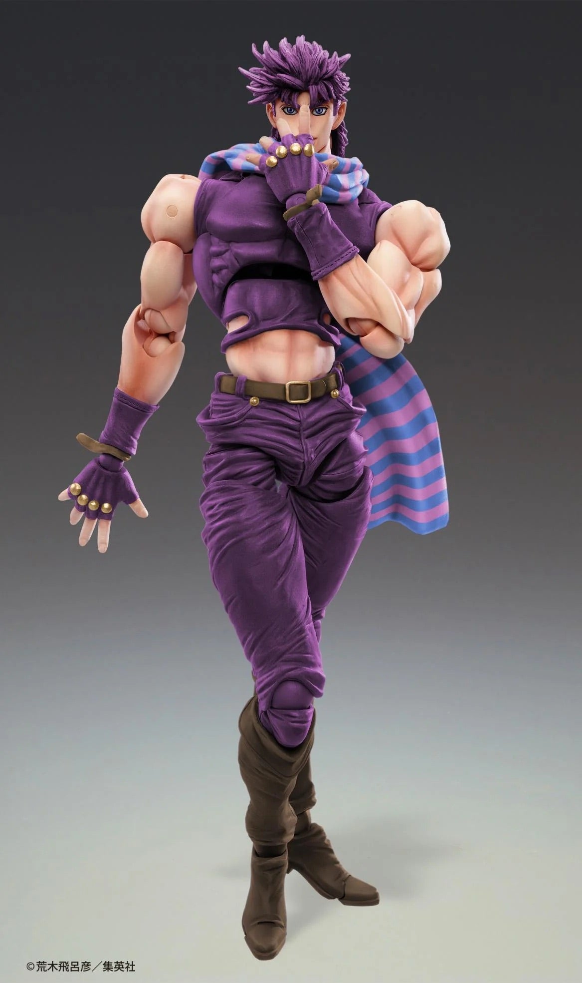 Joseph Joestar figure in a stylish pose, holding his hand to his mouth, highlighting his muscular sculpt and battle gloves.