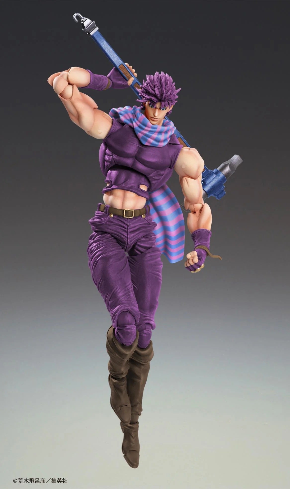 Joseph Joestar figure in a suspended pose, holding the rifle accessory over his shoulder, showcasing a dynamic action moment.