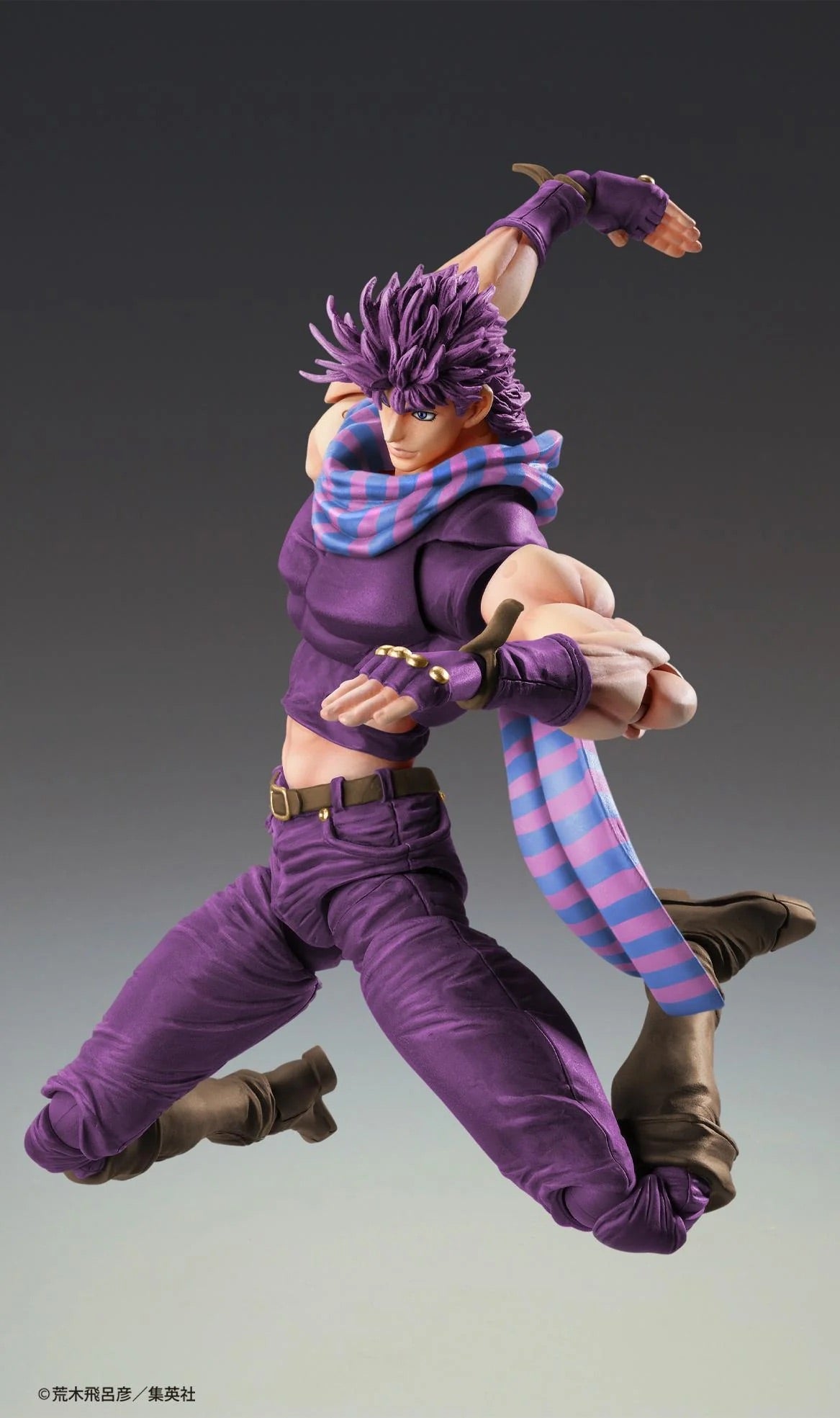 Side profile of the Joseph Joestar figure mid-air, emphasizing the movement of his scarf and the sculpt of his purple clothes.