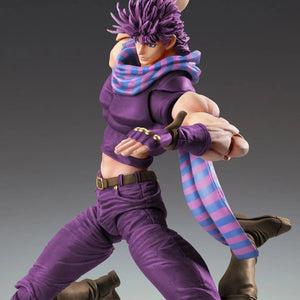Side profile of the Joseph Joestar figure mid-air, emphasizing the movement of his scarf and the sculpt of his purple clothes.
