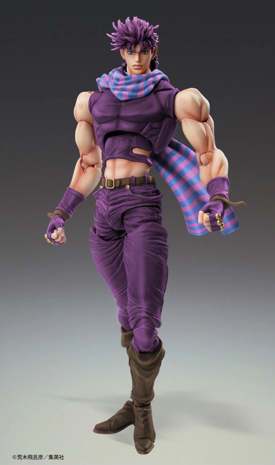 Full body front view of the Medicos Super Action Statue Joseph Joestar Third figure, showcasing his purple outfit and striped blue and pink scarf.