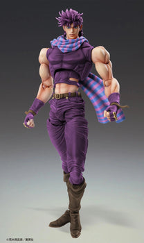 Full body front view of the Medicos Super Action Statue Joseph Joestar Third figure, showcasing his purple outfit and striped blue and pink scarf.