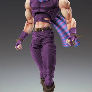 Full body front view of the Medicos Super Action Statue Joseph Joestar Third figure, showcasing his purple outfit and striped blue and pink scarf.