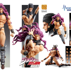 A comprehensive product collage of the Kars figure, displaying various poses, swappable heads, hands, the blade accessory, and Stone Masks.