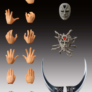A display of all the interchangeable accessories for the Kars figure, including multiple hands, two types of Stone Masks, the blade, and the turbaned head.