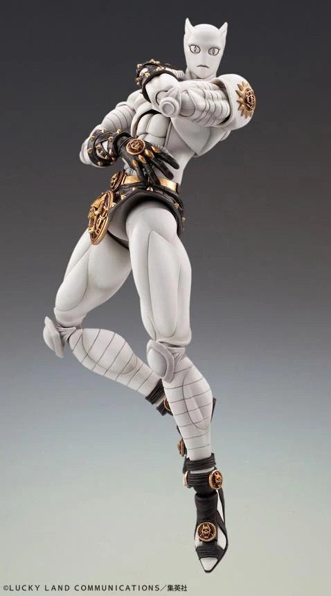 Killer Queen figure posed dynamically, mid-strike, with its arms crossed and body leaping forward, highlighting its articulated joints.