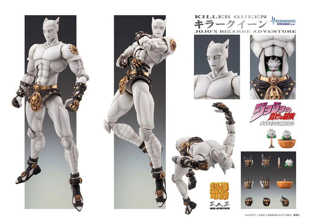 A comprehensive product collage of the Killer Queen figure, displaying various poses, swappable hands, and the miniature Killer Queen head accessory.