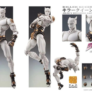 A comprehensive product collage of the Killer Queen figure, displaying various poses, swappable hands, and the miniature Killer Queen head accessory.
