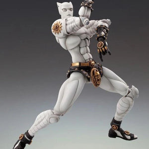 Killer Queen figure posed mid-kick or side-punch, demonstrating its high poseability and the detail of the gold shoulder armor.
