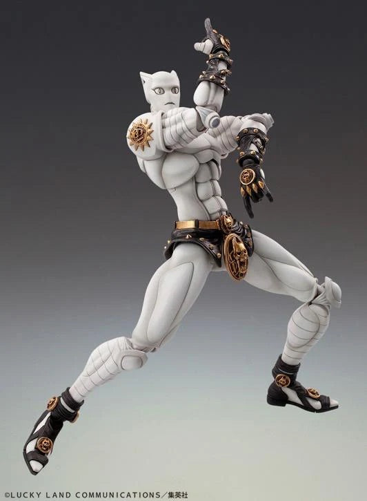 Killer Queen figure posed mid-kick or side-punch, demonstrating its high poseability and the detail of the gold shoulder armor.