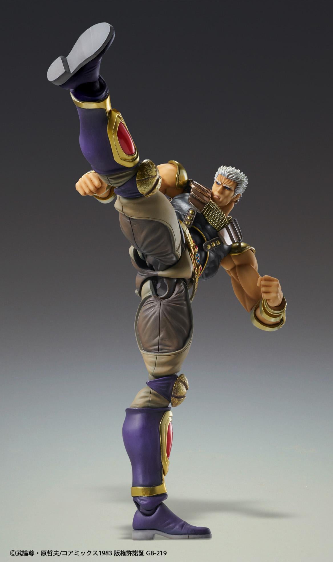 Articulated Medicos Raoh action figure demonstrating a high vertical martial arts kick pose.
