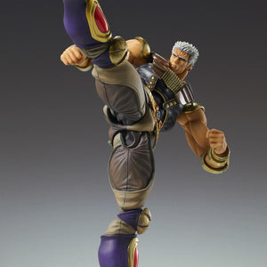 Articulated Medicos Raoh action figure demonstrating a high vertical martial arts kick pose.