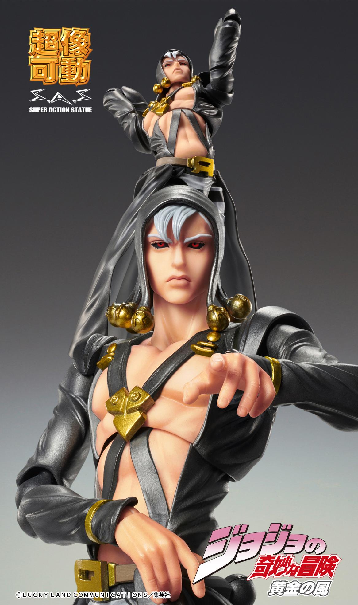 High-angle dynamic aerial pose of the Medicos Risotto Nero figure displayed securely on a clear plastic articulated action stand base.