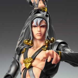 High-angle dynamic aerial pose of the Medicos Risotto Nero figure displayed securely on a clear plastic articulated action stand base.