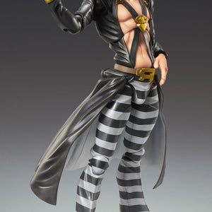 Close-up view of the Risotto Nero action figure highlighting the intricate details of his black hood with gold dangling ornaments and crossed chest strap armor.