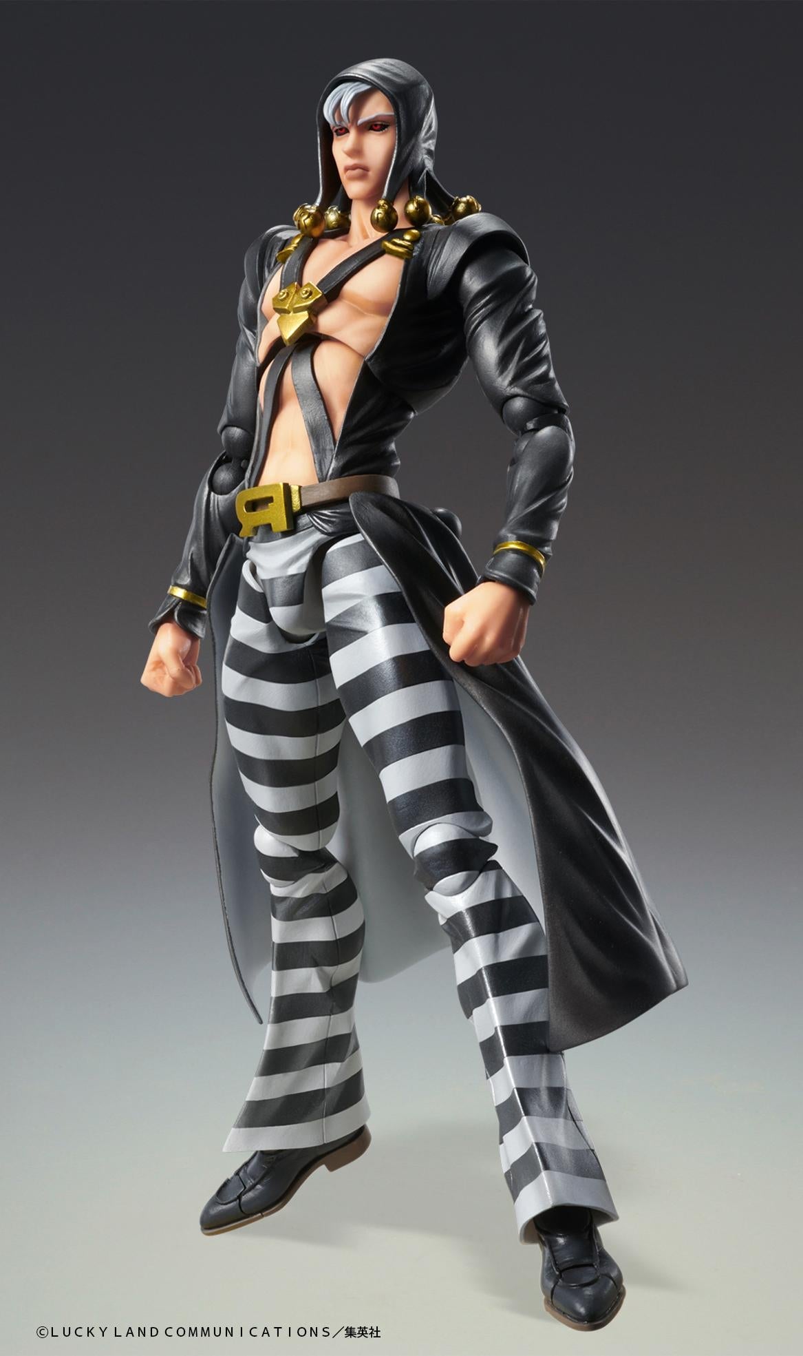 Full-body studio product shot of the Medicos Risotto Nero action figure standing confidently in his signature black hooded coat.