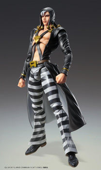 Full-body studio product shot of the Medicos Risotto Nero action figure standing confidently in his signature black hooded coat.